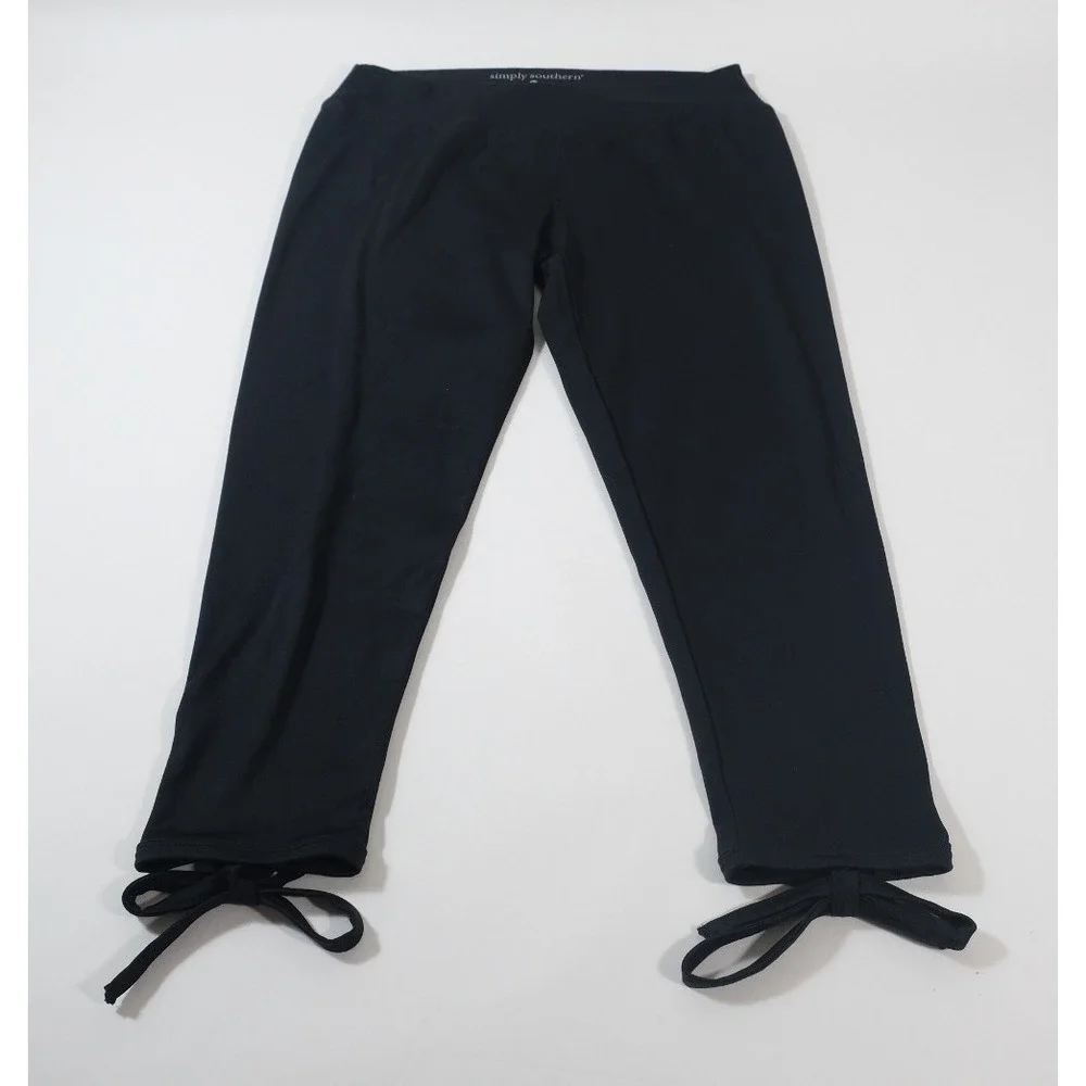 Simply Southern Leggings Womens L‎ Black Keyhole Tie Hem Performance Activewear